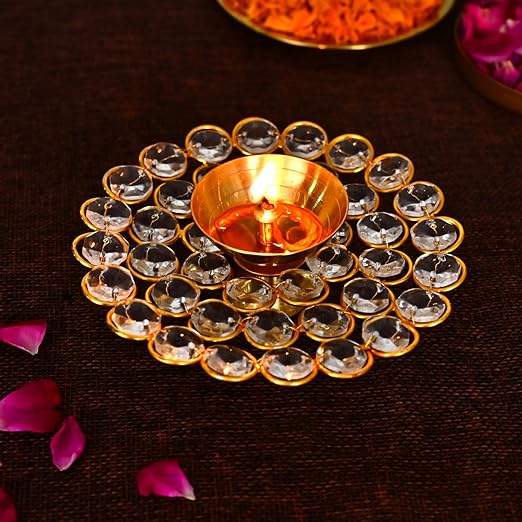 DecorTwist Brass Diya for Puja Crystal Akhand Diya for Decorations Pooja Room Oil Lamp Decorative Items for Temple Office Home Decor and Return Gift for House Warming Ceremony